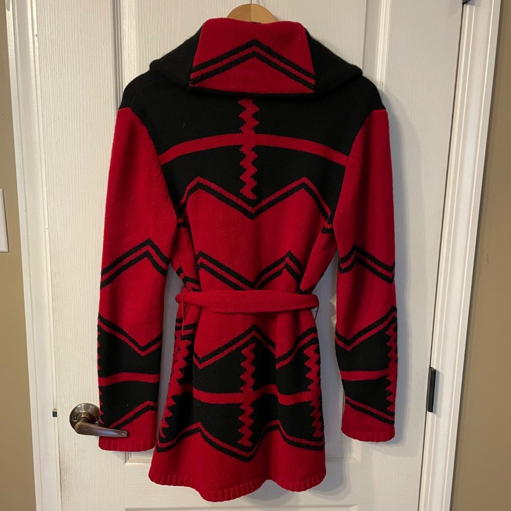 Lauren Ralph Lauren | Red Black Lambswool Aztec Belted Shawl Cardigan L Large - Picture 6 of 8